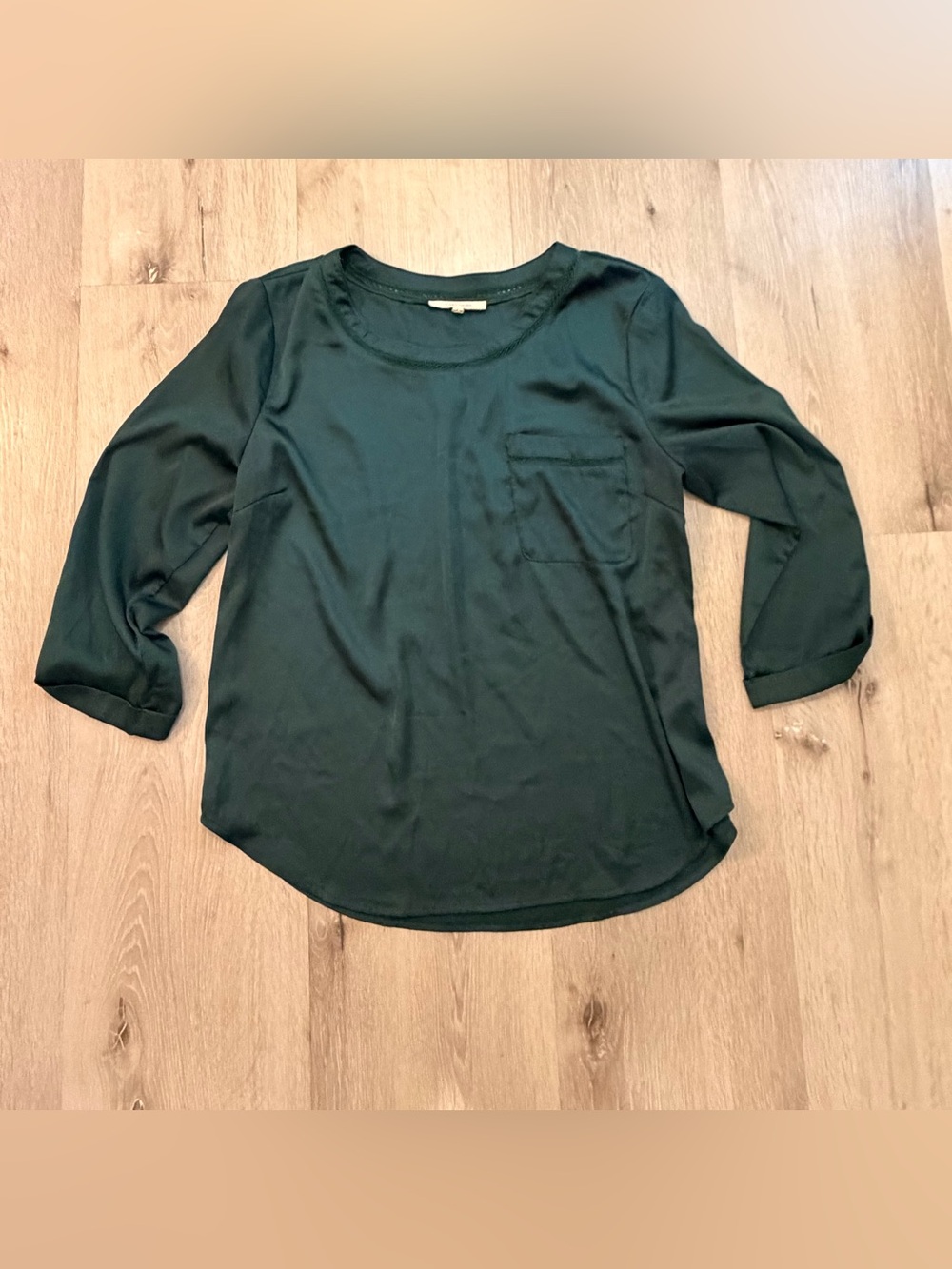 41 Hawthorn Stitch Fix Emerald Green Satin 3/4 Sleeve Lace Trim Blouse L